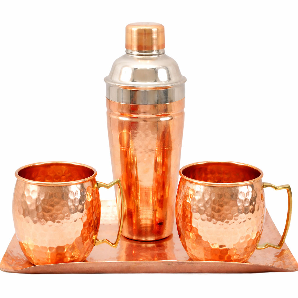 2 Copper Mug Cups with Steel Copper Wine Shaker & 1 Tray Platter, Hammered Design Barware set, 4 Pieces